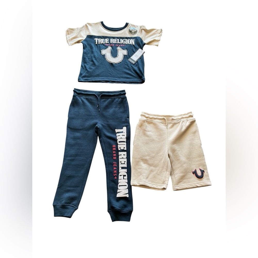 True Religion‎ 3 piece Kids Navy & Cream Logo Sweatpants and Shorts Set size 5/6